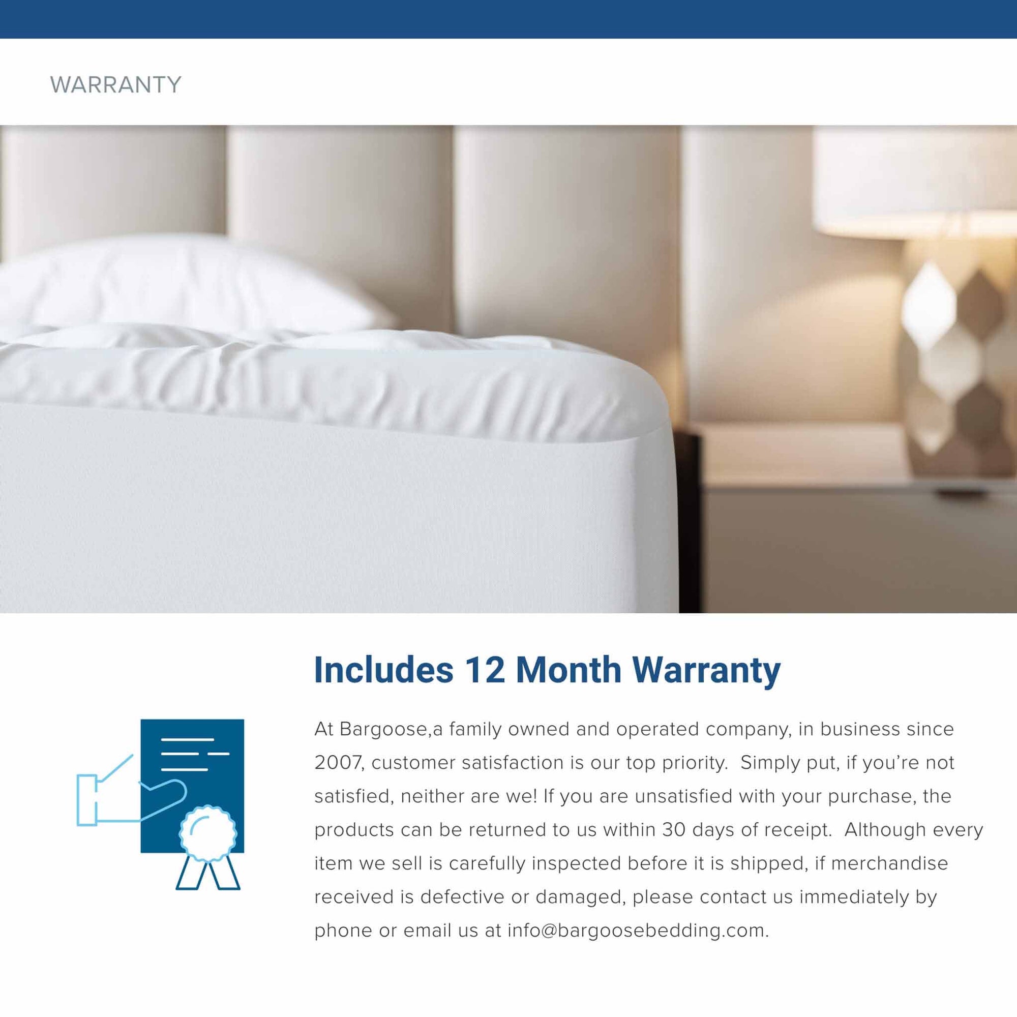 All Deluxe mattress pads have a 12 month warranty