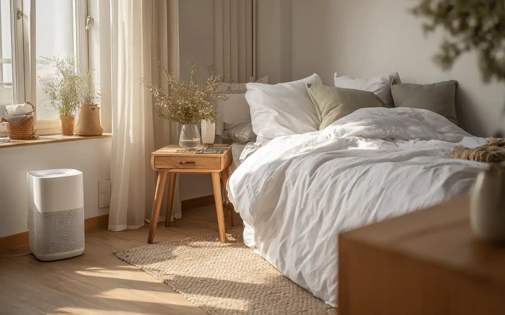 Clean bedroom with white allergy-friendly bedding and a HEPA air purifier next to the bed
