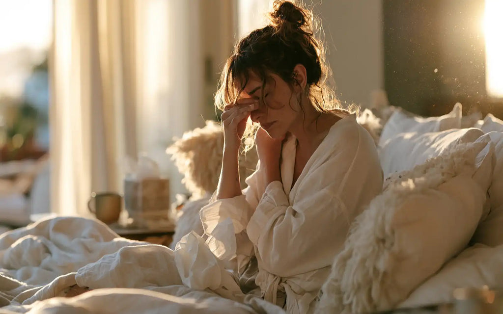 Person sitting up in bed in the morning rubbing their eyes, with a tissue box on the nightstand