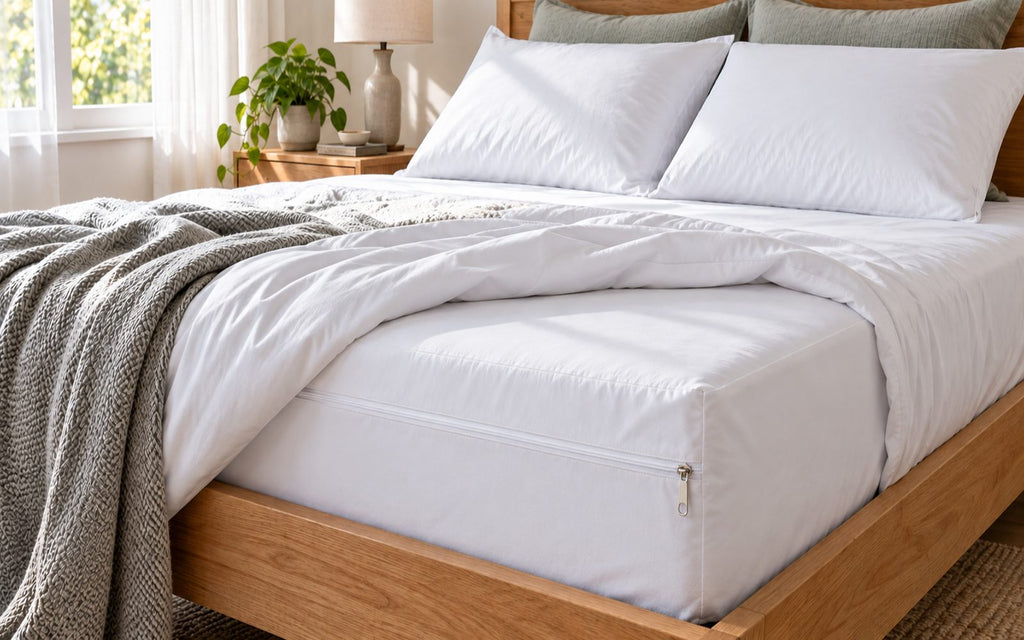 White zippered mattress encasement and pillow covers on a made bed