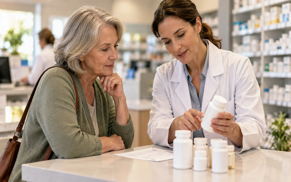 Older adult reviewing a list of medicines with a pharmacist at a pharmacy counter, with unlabeled bottles nearby