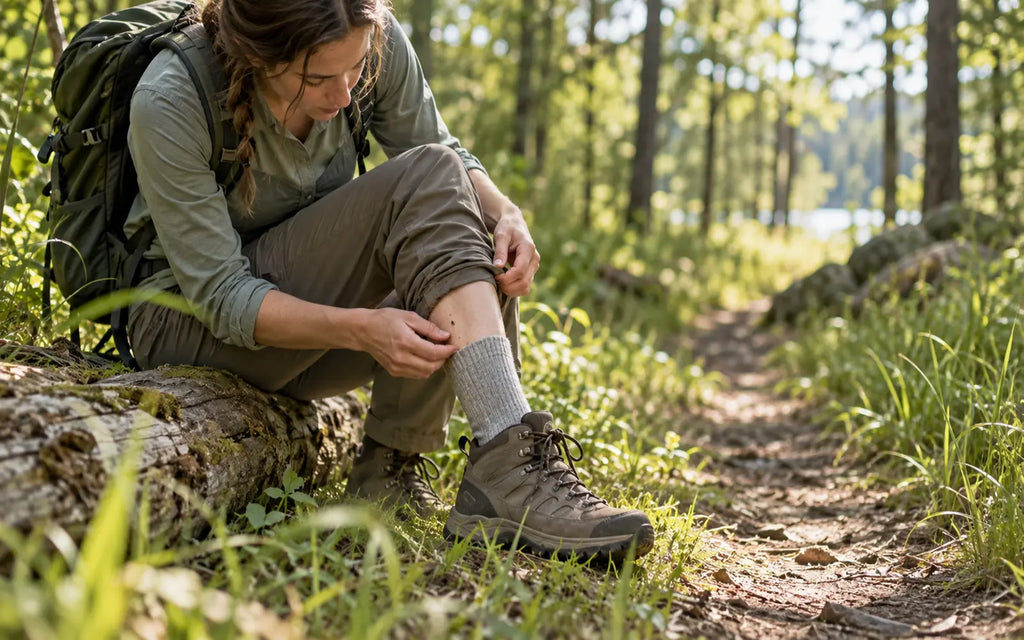 Hiker sitting on a log at the edge of a wooded trail checking their lower leg and sock for ticks after a walk