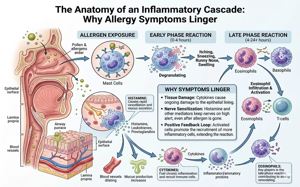 Anatomy of an inflammatory cascade diagram showing how allergy symptoms linger through early and late phase reactions.