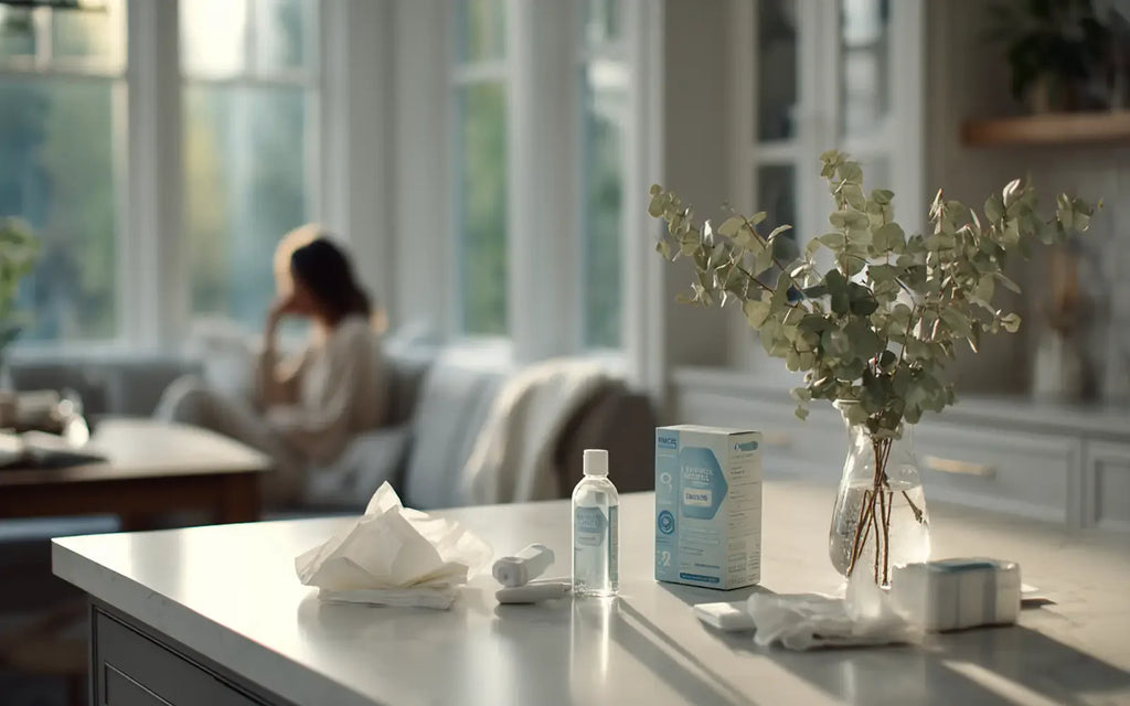 medication bottles arranged on a white surface representing antihistamines, decongestants, and nasal steroids