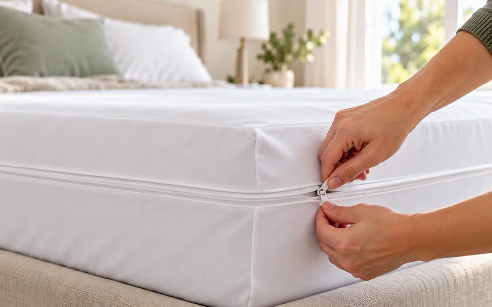 Close-up of a hand zipping a white woven cotton mattress encasement closed at the corner of a bed