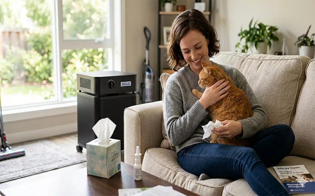 Woman and cat with Austin Air purifier. Image AI generated