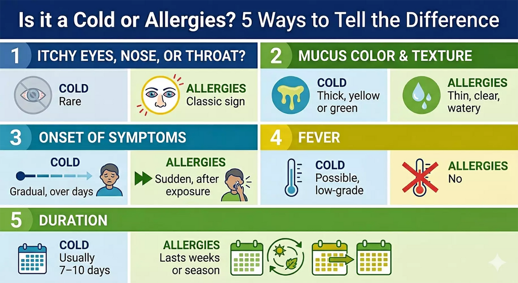 Infographic comparing 5 differences between a cold and allergies, including itchiness, mucus color, symptom onset, fever, and duration. Image AI generated