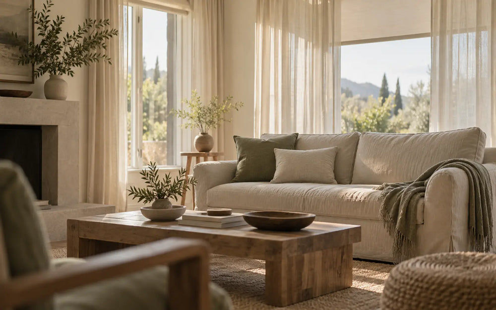Living room with light washable cotton curtains, a roller shade, and a slipcovered sofa with two simple pillows