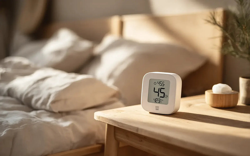 Digital hygrometer on a bedroom nightstand displaying 45% relative humidity for allergy and dust mite contro