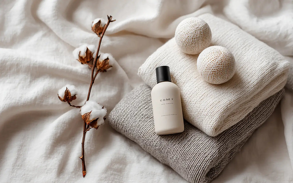 ragrance-free laundry setup with folded white bedsheets, unscented detergent, and wool dryer balls on a clean linen surface
