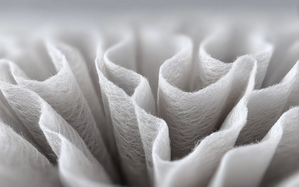 Close-up macro of a true HEPA filter showing dense pleated glass fiber construction used to capture allergen particles