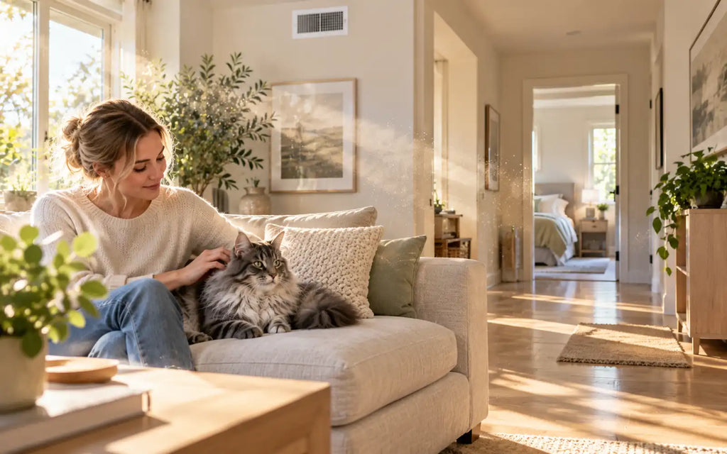 Woman petting a cat on a sofa as sunlight reveals tiny airborne particles drifting through a bright home