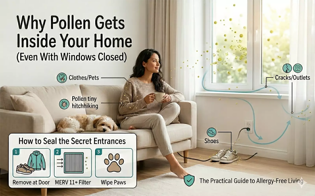 Infographic showing a Hispanic woman and her dog in a living room as pollen drifts through a closed window via air leaks and "hitchhiking" on clothes.