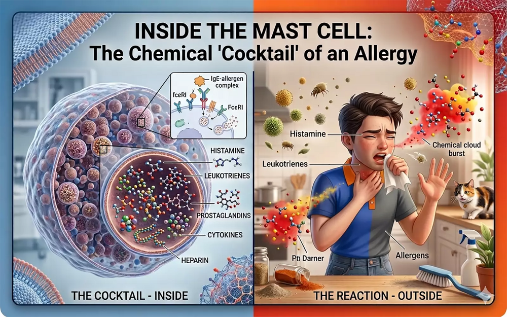 Medical illustration comparing a mast cell's internal chemicals to an external allergic reaction in a domestic setting.