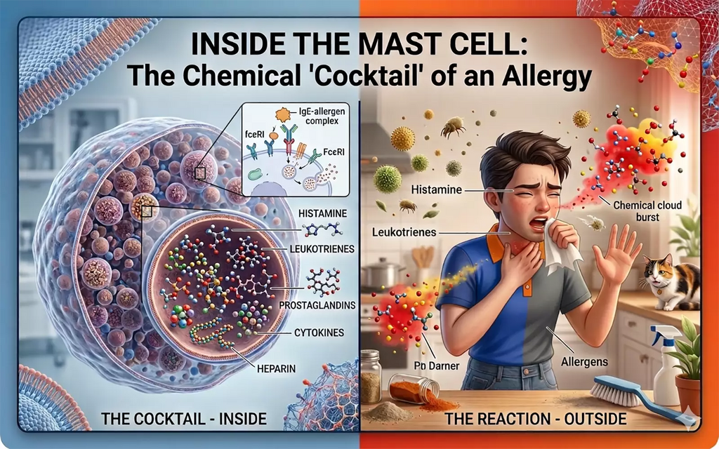 Medical illustration comparing a mast cell's internal chemicals to an external allergic reaction in a domestic setting.