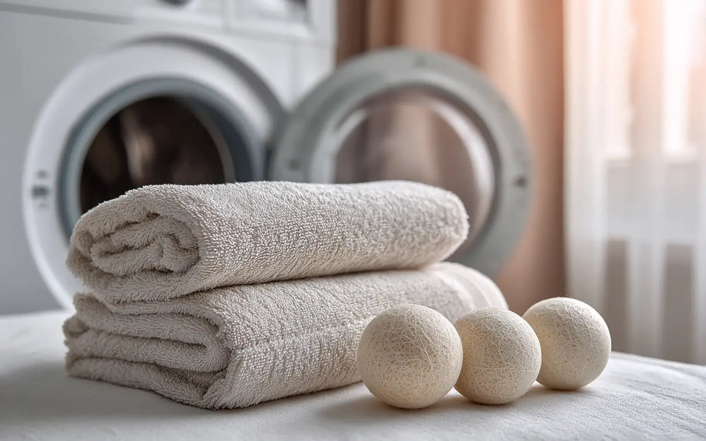 Side-by-side comparison of conventional scented laundry products versus fragrance-free allergy-safe alternatives including wool dryer balls