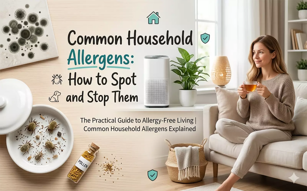 image of woman, visually integrates the themes discussed in your text—such as dust mites, mold, and pet dander (represented by the dog icon). Image ai generated