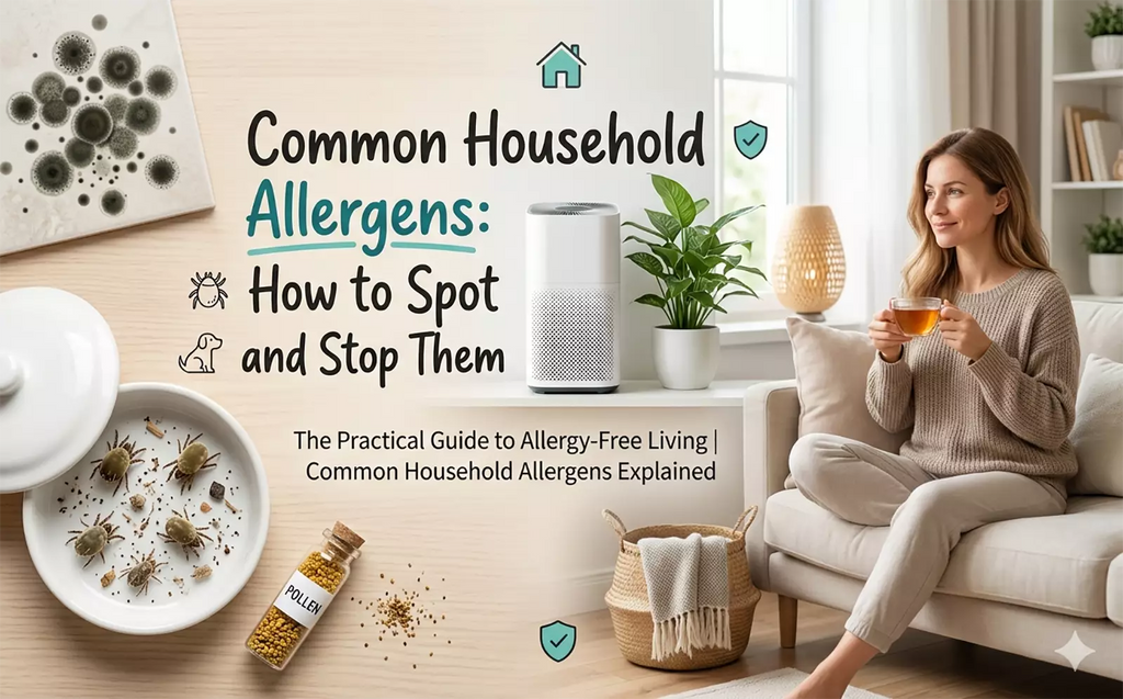 image of woman, visually integrates the themes discussed in your text—such as dust mites, mold, and pet dander (represented by the dog icon). Image ai generated