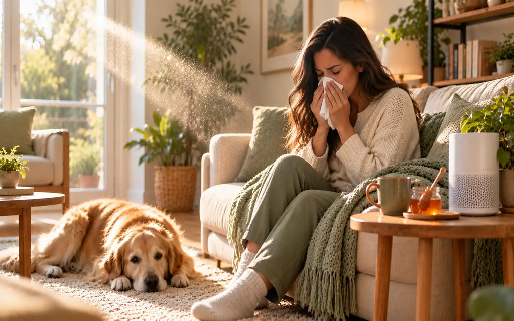 Woman sneezing into a tissue on a living room sofa while a dog rests nearby and dust floats in a sunbeam