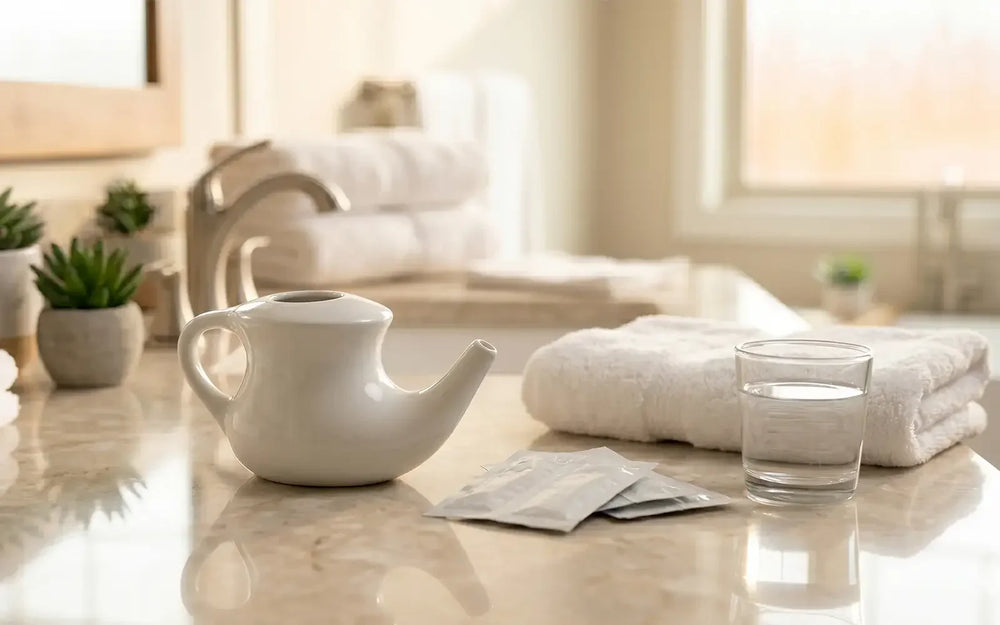 nasal irrigation system on a clean bathroom counter with distilled water for allergy and sinus symptom relief