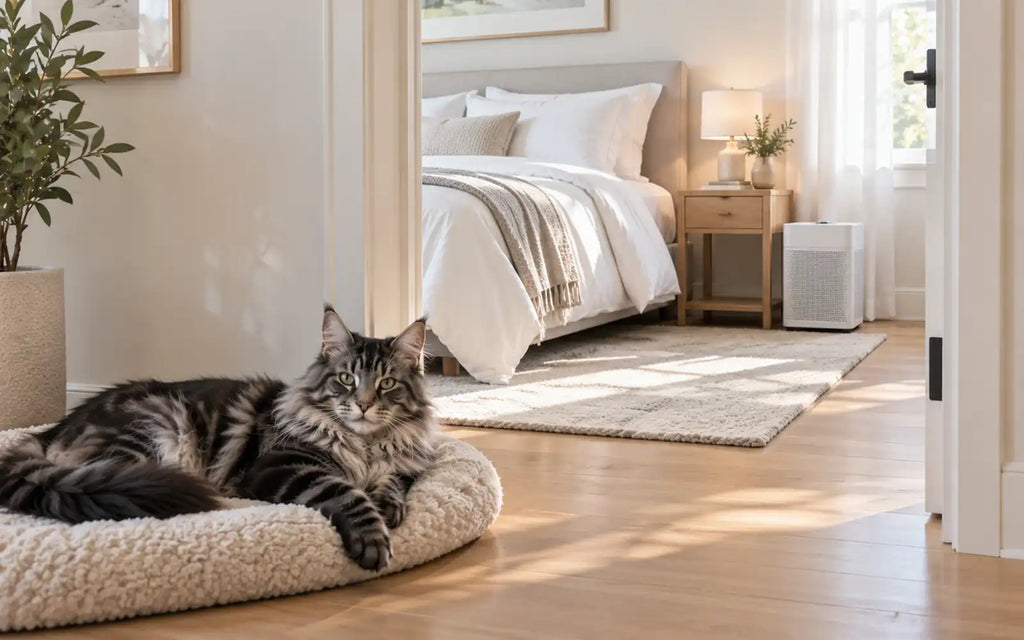 Main Coon resting on its own bed outside a clean bedroom with white bedding and an air purifier