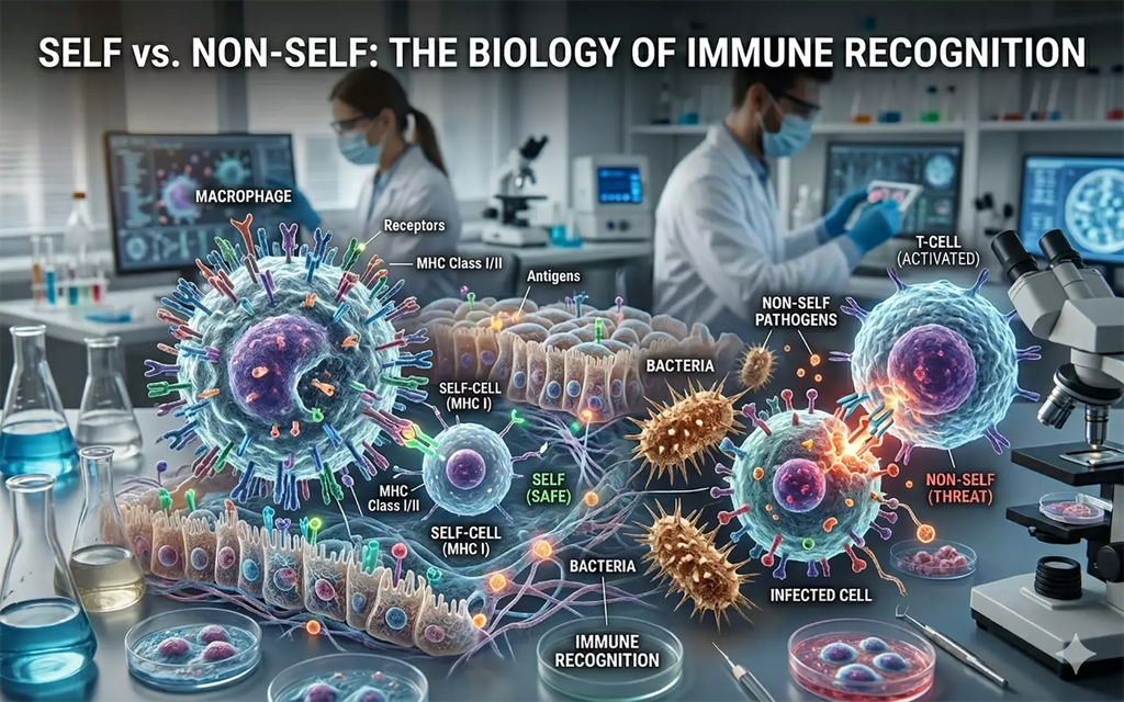 Infographic of immune cells and bacteria illustrating 'Self vs. Non-Self' recognition in a laboratory setting.