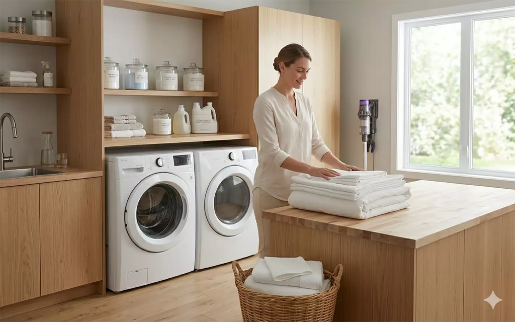 Step-by-step bedding care: washing and folding white duvet covers and sheets to remove dust mites and household allergens