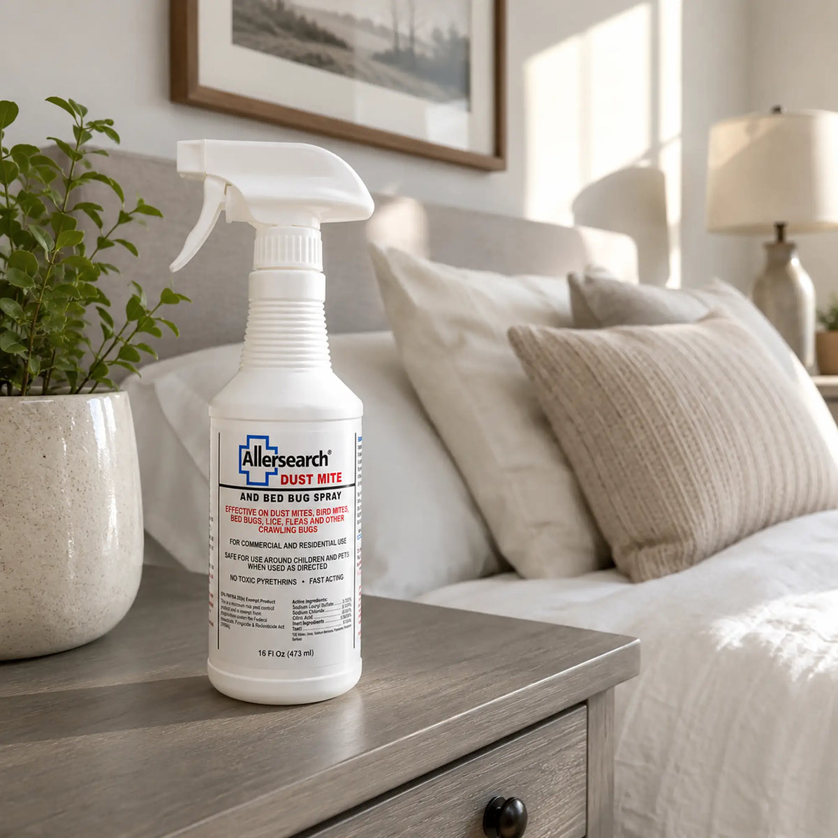 Allersearch dust mite and bed bug spray bottle on a nightstand in a bedroom.