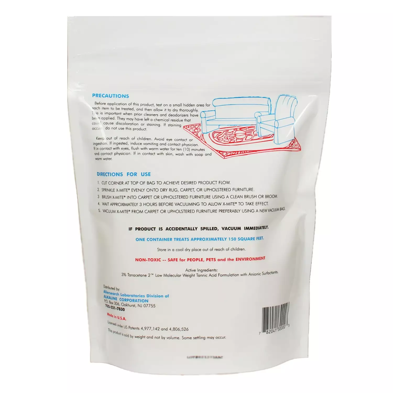 Back of X-Mite Anti-Allergen Carpet Powder pouch showing ingredients, application instructions, and safety information.