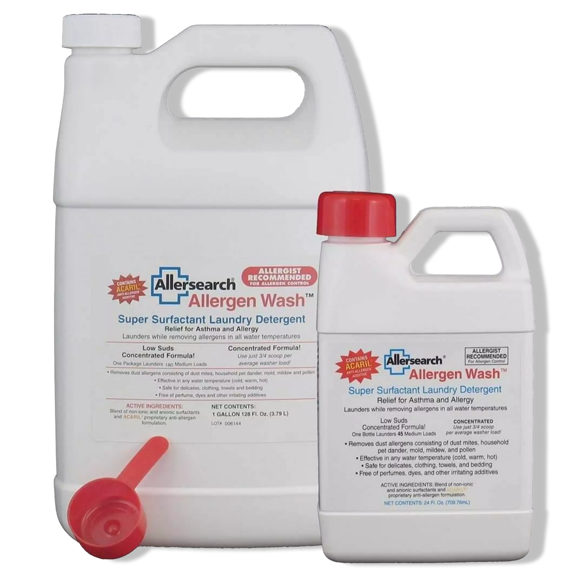 Two bottles of Allersearch Allergen Wash detergent with a smaller bottle and scoop on a white background.