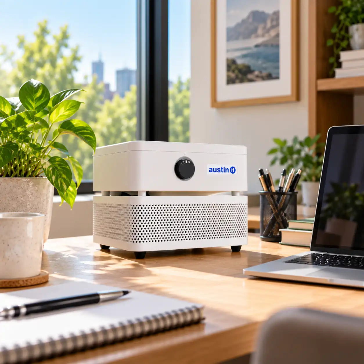 Austin Air “it” personal air purifier in an office setting