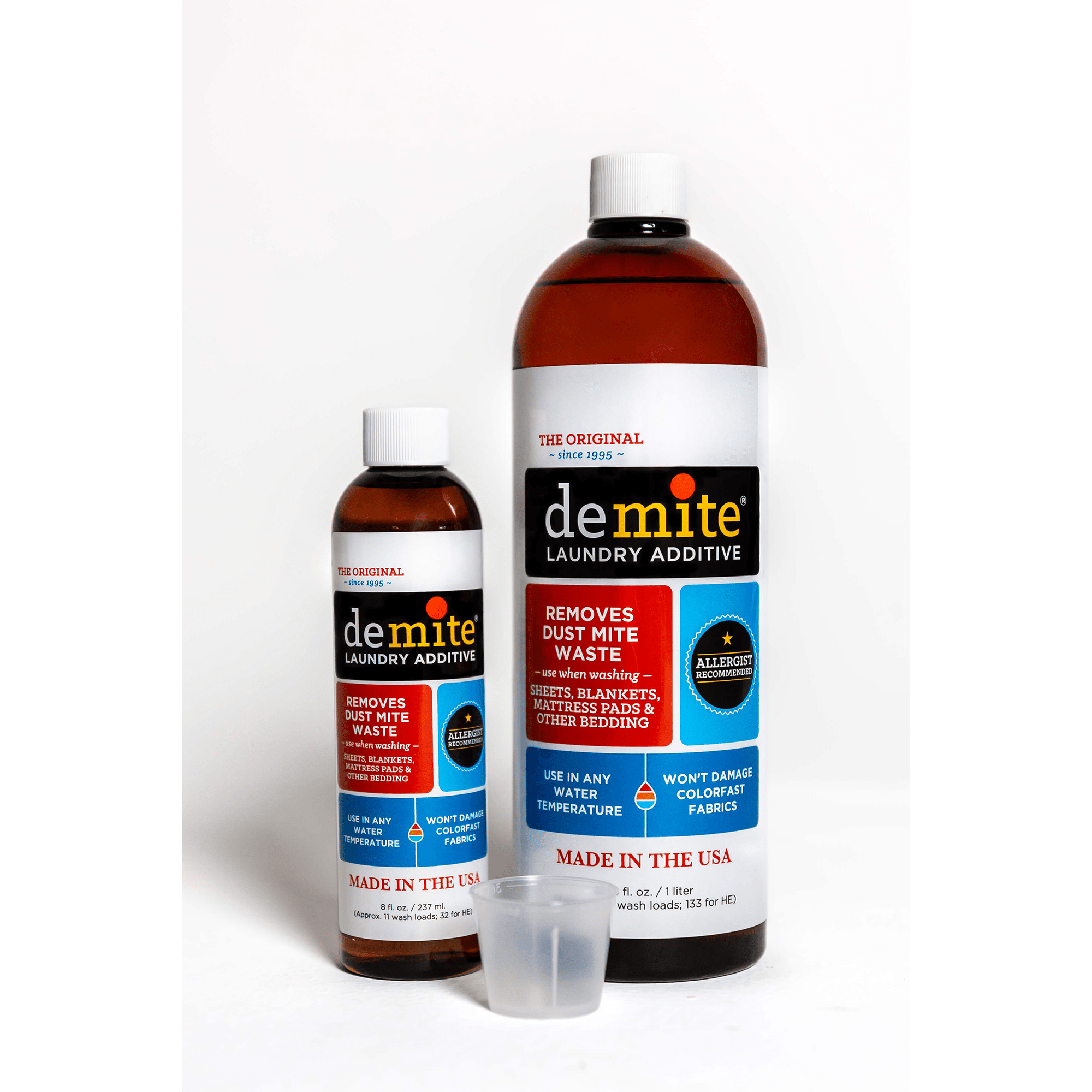 De-mite laundry additive eliminates dust mite waste allergens in bedding and washable clothing that laundering in regular detergent alone does not do.