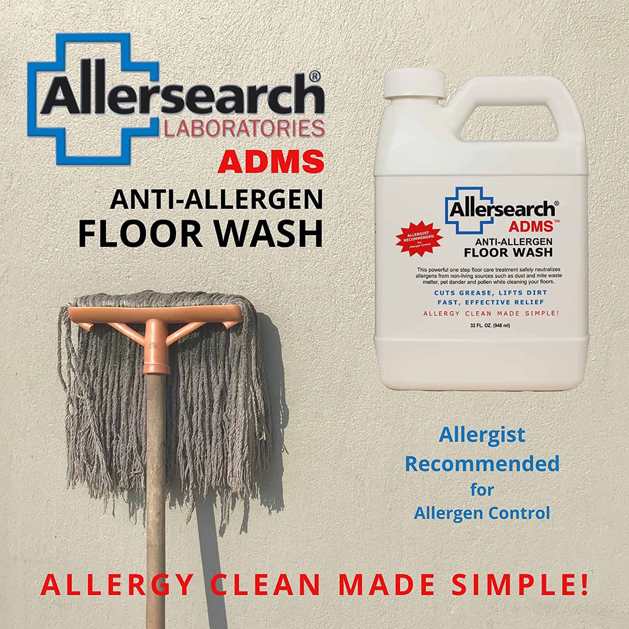Allersearch ADMS™ Anti-Allergen Floor Wash safely neutralizes allergens 