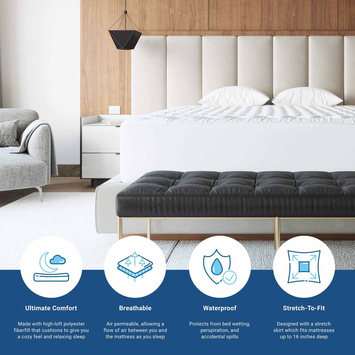Waterproof Mattress Pad - Our deluxe quilted waterproof mattress pad doesn’t crinkle or make noise and adds extra padding to your mattress to make it even more comfortable.