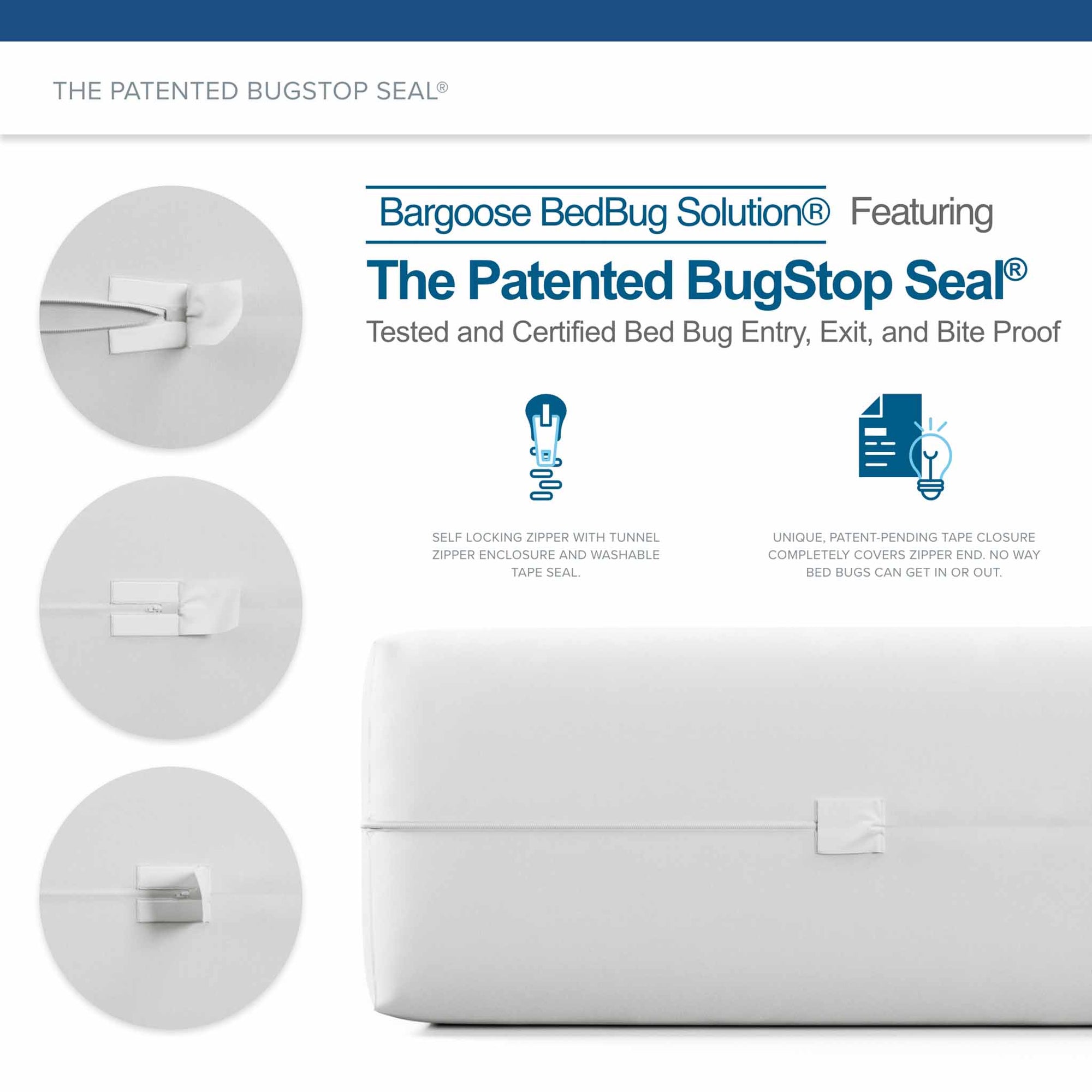 BedBug Solution™ covers include the patented Bugstop® Seal, which is tested and certified as escape and entry proof.  Not only can those “unwanted guests” not bite you, but they also cannot escape.  You can be sure that you can sleep tight, and the bed bugs will not bite!