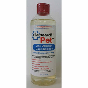 Allersearch pet shampoo neutralizes pet dander to help control allergic reactions