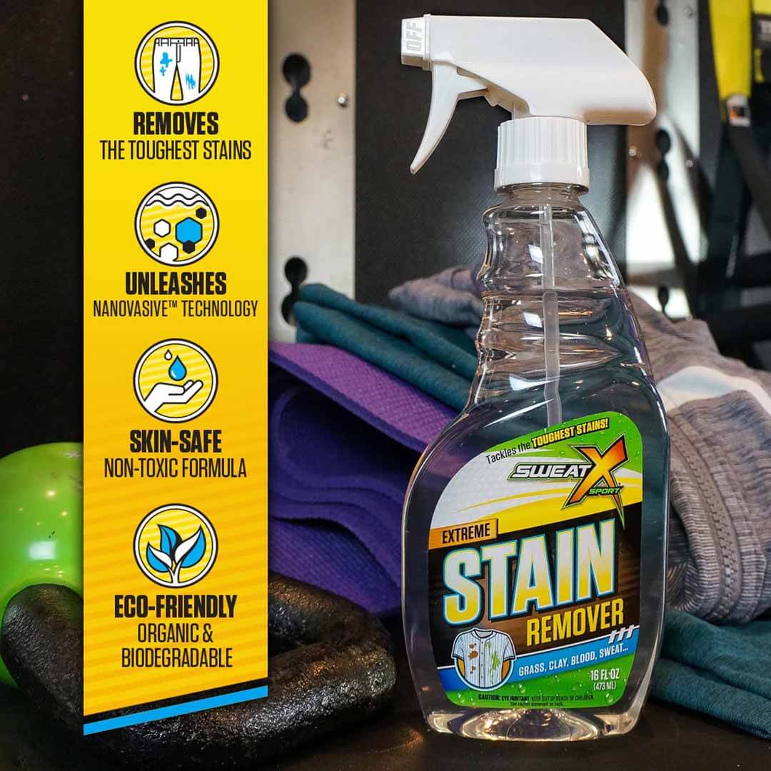 Sweat X Stain Spray tackles the most difficult stains – including grass, clay, mud, blood, ink, chocolate, and wine!