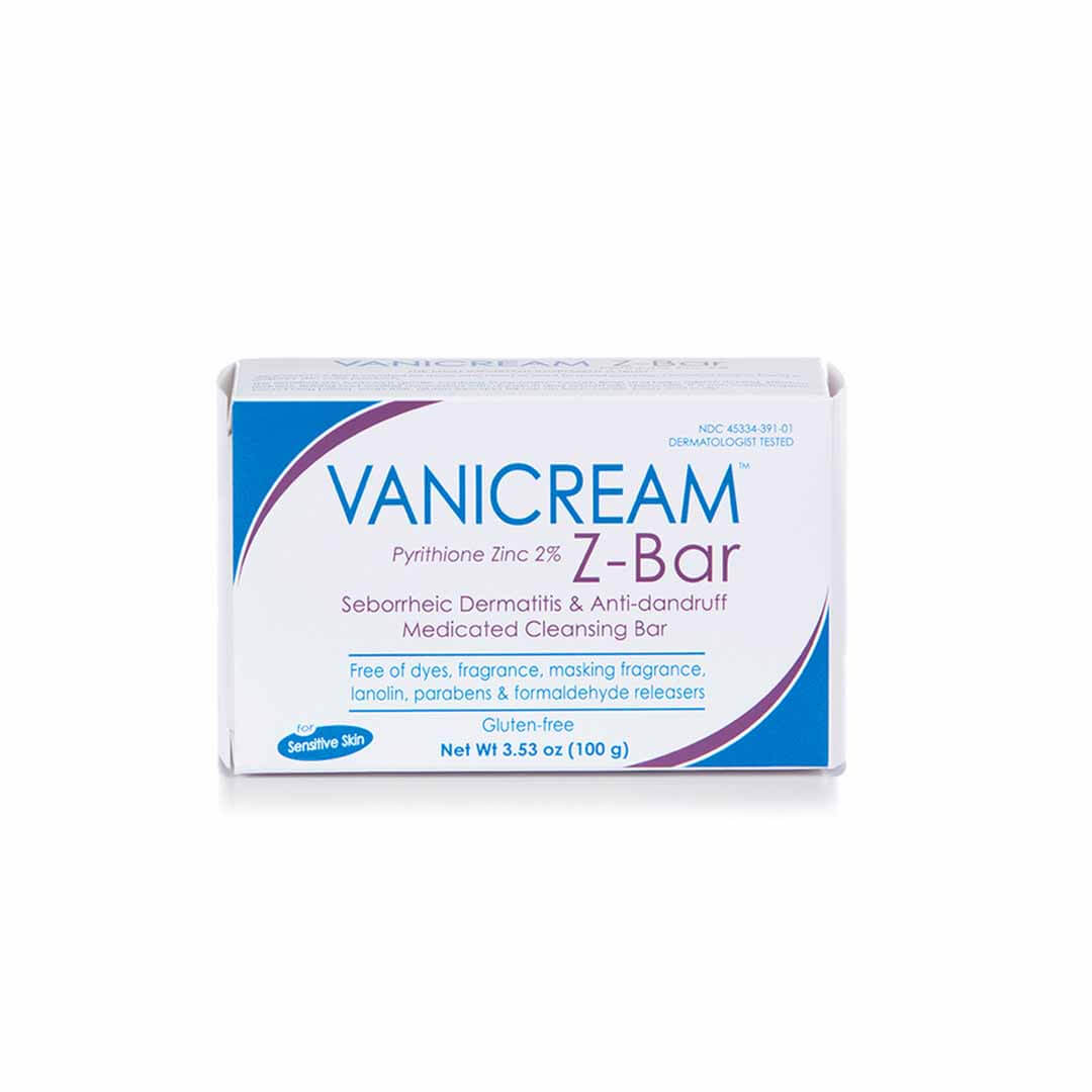 Vanicream™ Z-Bar Cleansing Bar, a 2% pyrithione zinc bar, has been specially developed to help relieve itching, irritation, redness, flaking, and scaling associated with seborrheic dermatitis and dandruff. 